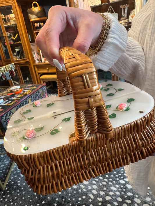 1930s lucite basket bag with pink roses and yellow fabric inside