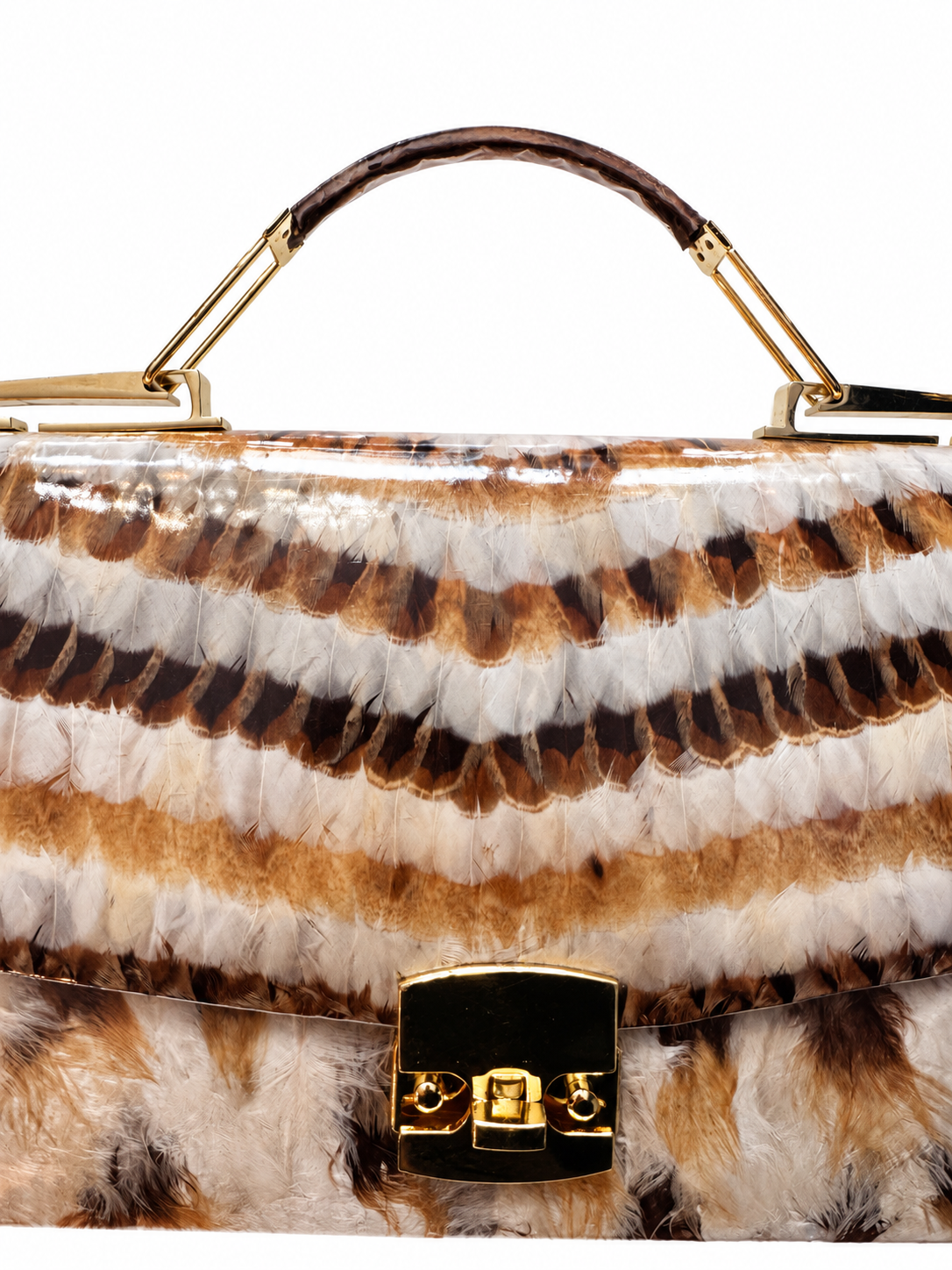 1980s vinyl ostrich feather clutch/top handle accordion bag with built in mirror