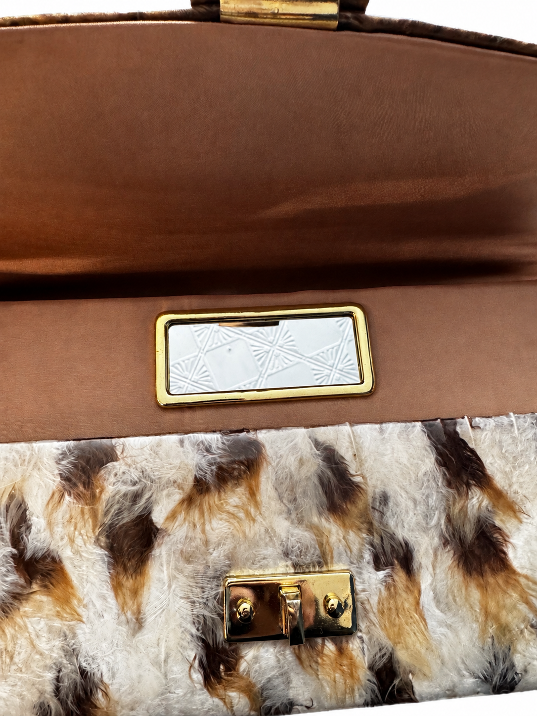1980s vinyl ostrich feather clutch/top handle accordion bag with built in mirror