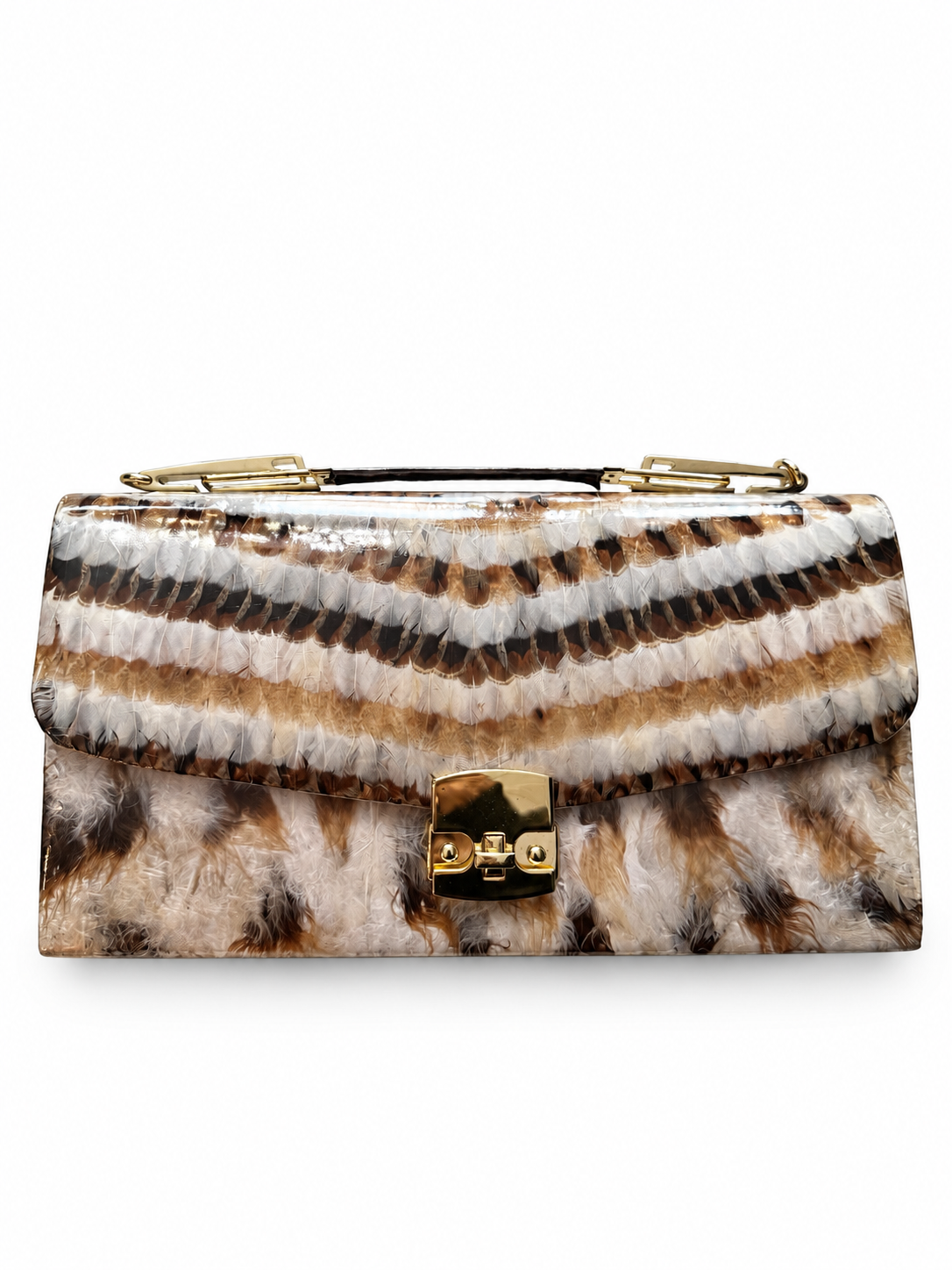 1980s vinyl ostrich feather clutch/top handle accordion bag with built in mirror