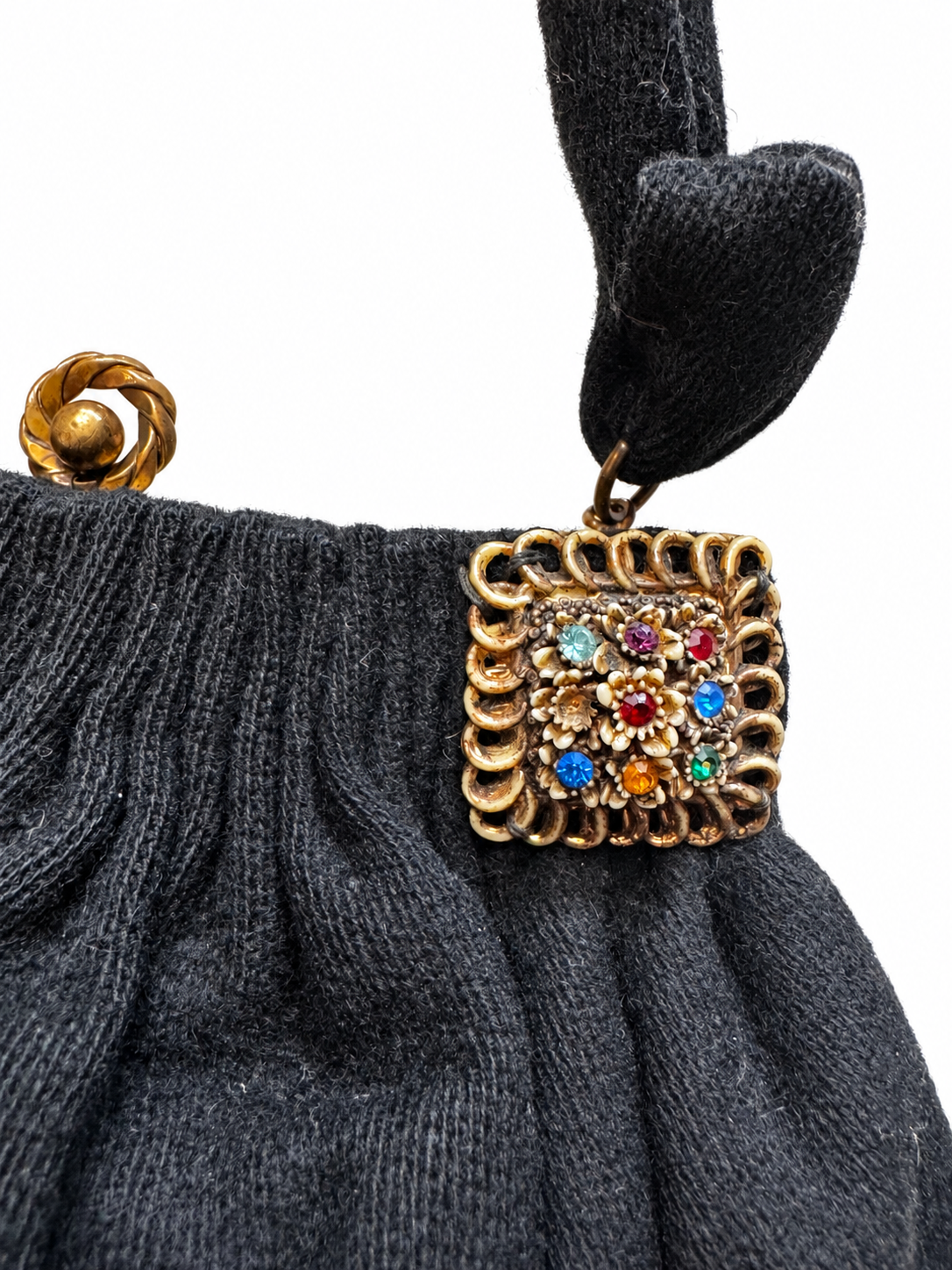 Beautiful 1940s black wool top handle bag with rhinestone detailing in the corners