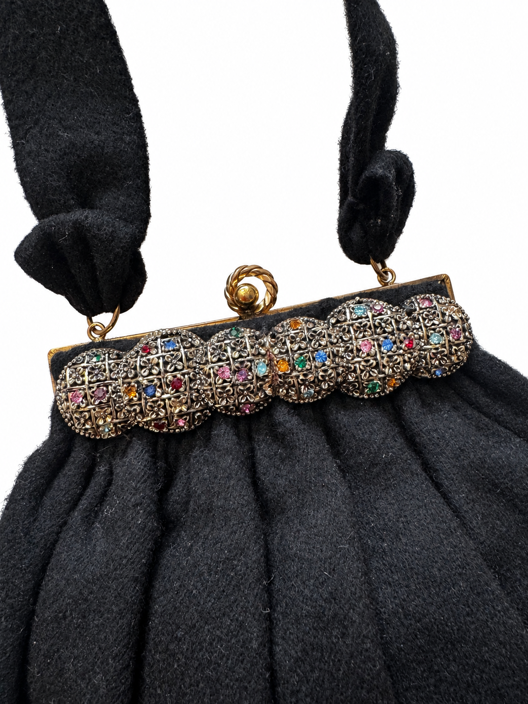 Beautiful 1940s wool black top handle bag with colorful rhinestone detailing across the top