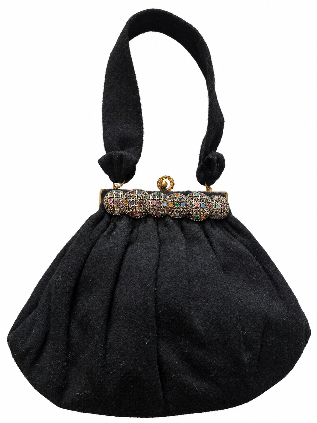 Beautiful 1940s wool black top handle bag with colorful rhinestone detailing across the top