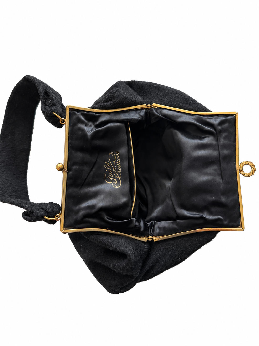 Beautiful 1940s wool black top handle bag with colorful rhinestone detailing across the top