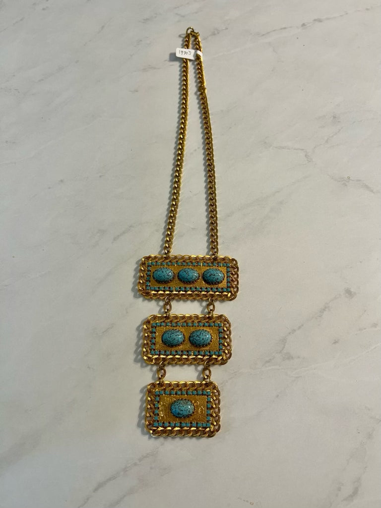 Vintage 1970’s gold tone chain, tri-pendant with turquoise stones