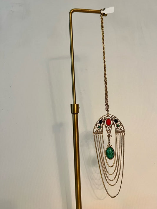 Vintage gold tone chain, pendant with multi color stones