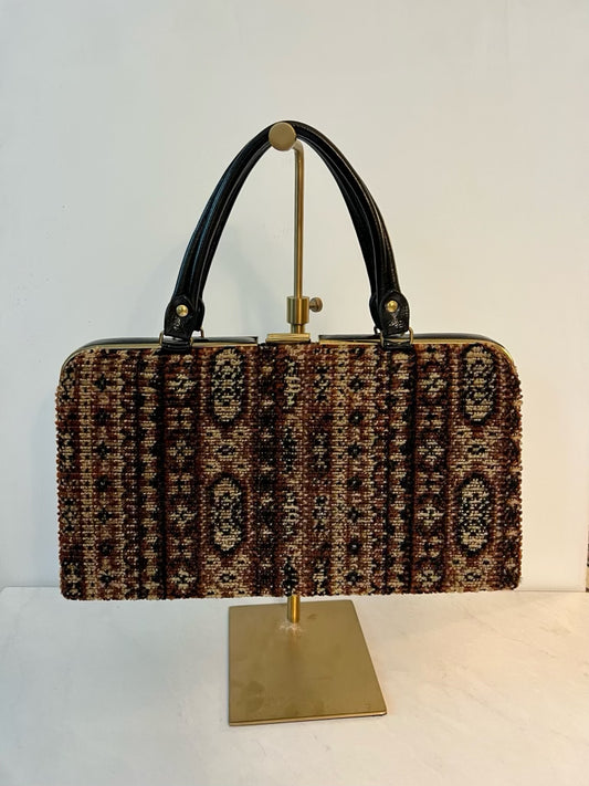 Vintage carpet bag with patent top handle and patent/gold tone hardware