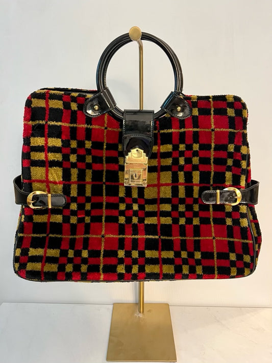 Vintage plaid velvet bag with gold buckles and black patent handle