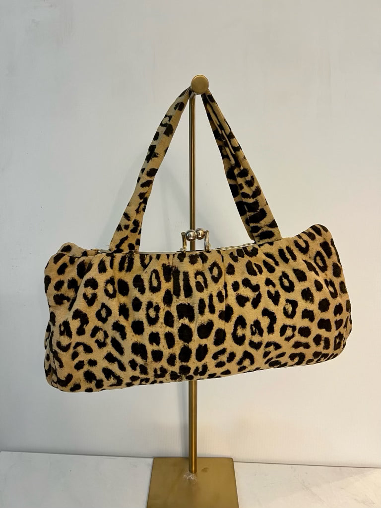 Vintage 1960’s leopard kiss lock top handle fabric bag