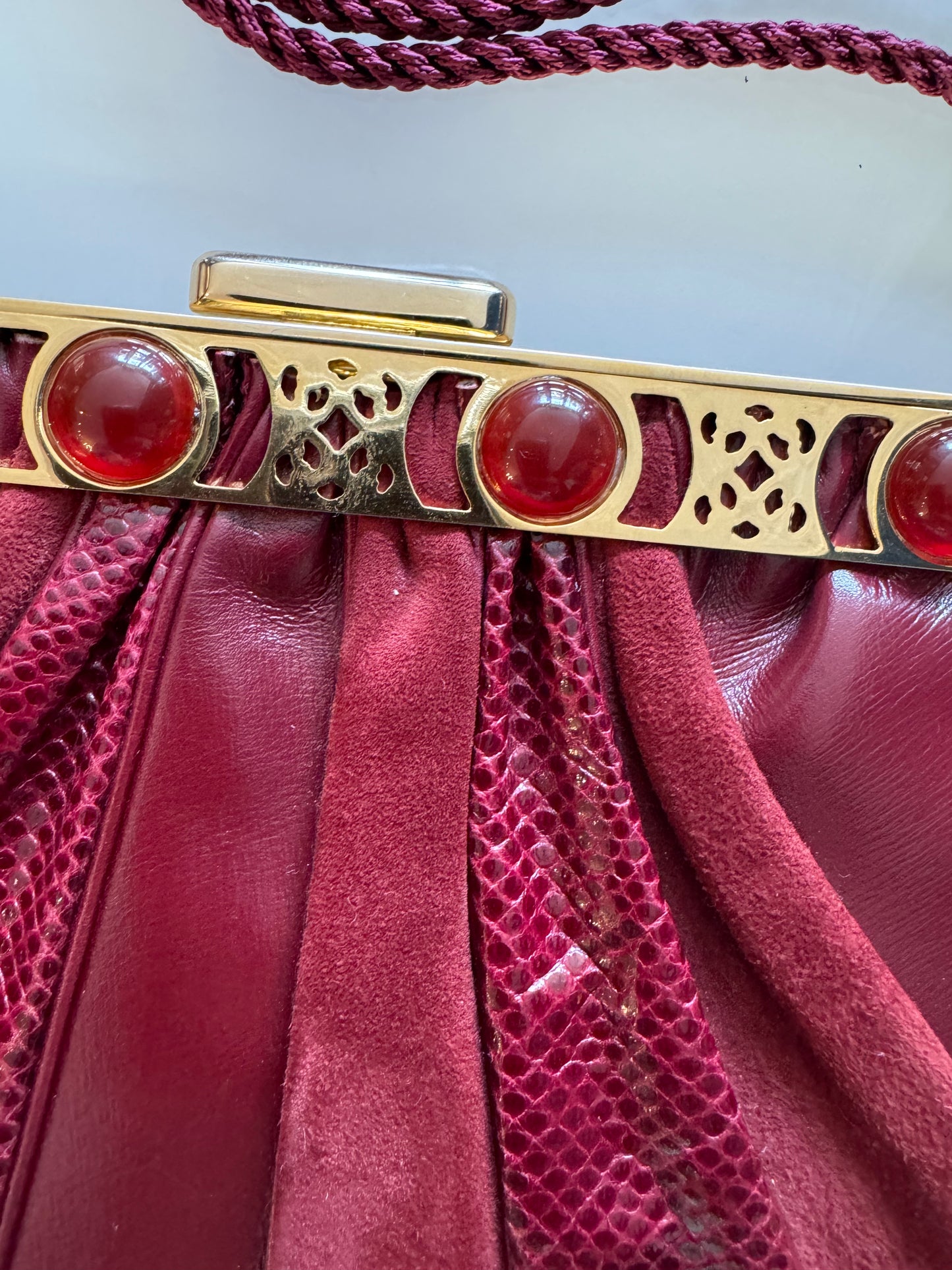 Vintage Judith Leiber burgundy, leather, suede and snake evening crossbody bag with jewel hardware and coin purse