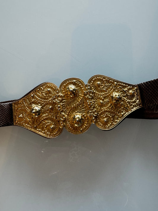 Vintage Judith Leiber leather belt with decorative gold tone buckle