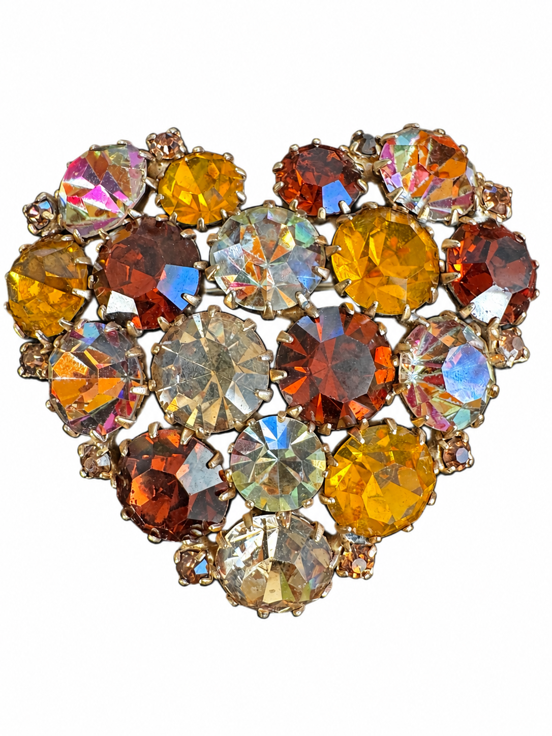 1950s prong set by KARU signed heart brooch in shades of Amber ￼