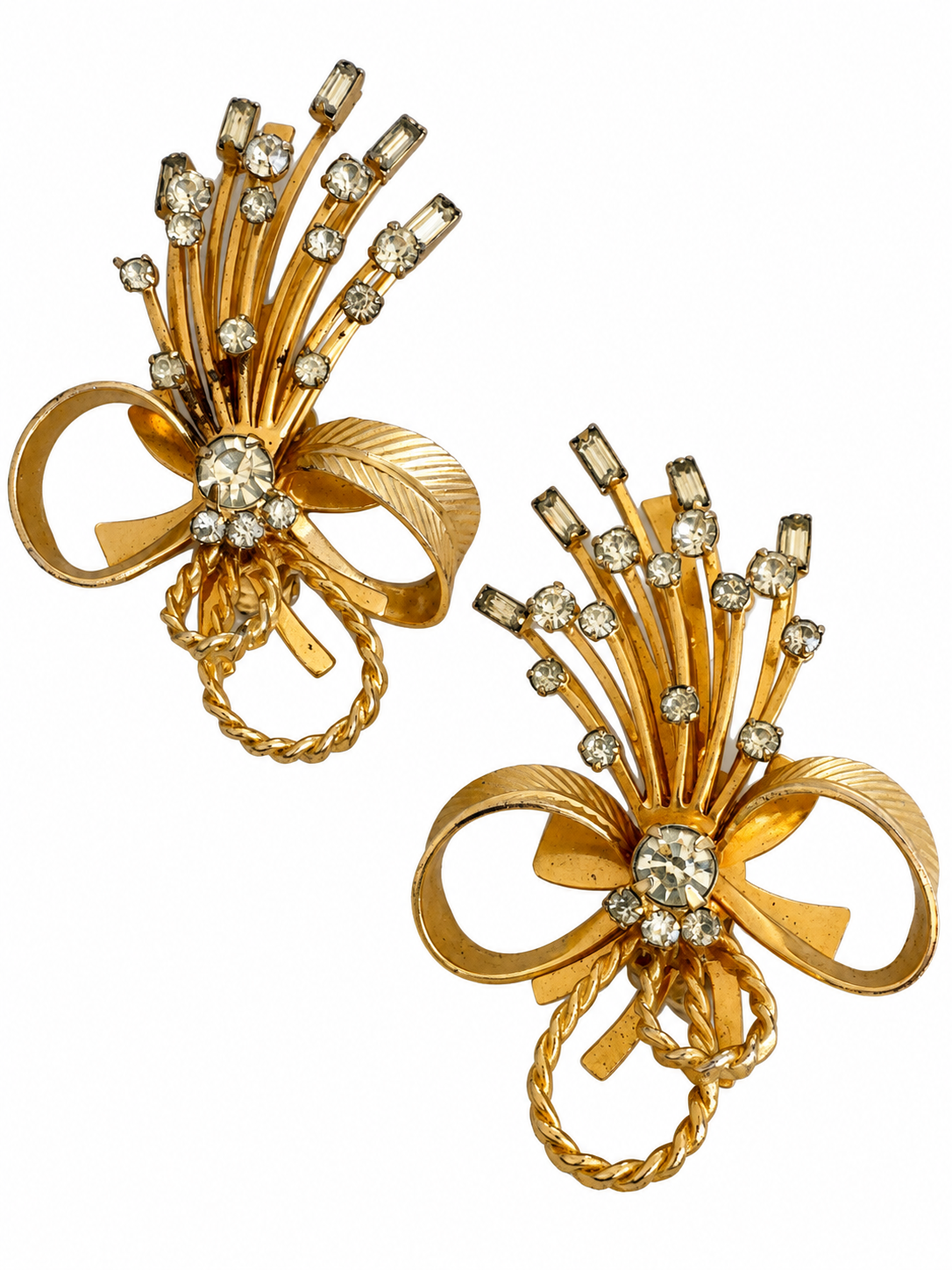 1960s ear climber signed sarah Coventry gold tone, and rhinestone clip on earrings