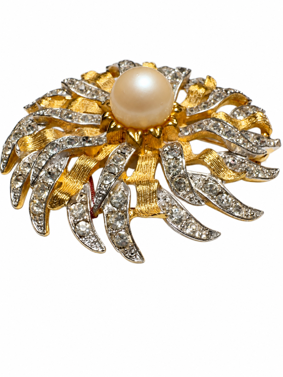 1970s signed KJL goldtone brooch with rhinestone and a pearl