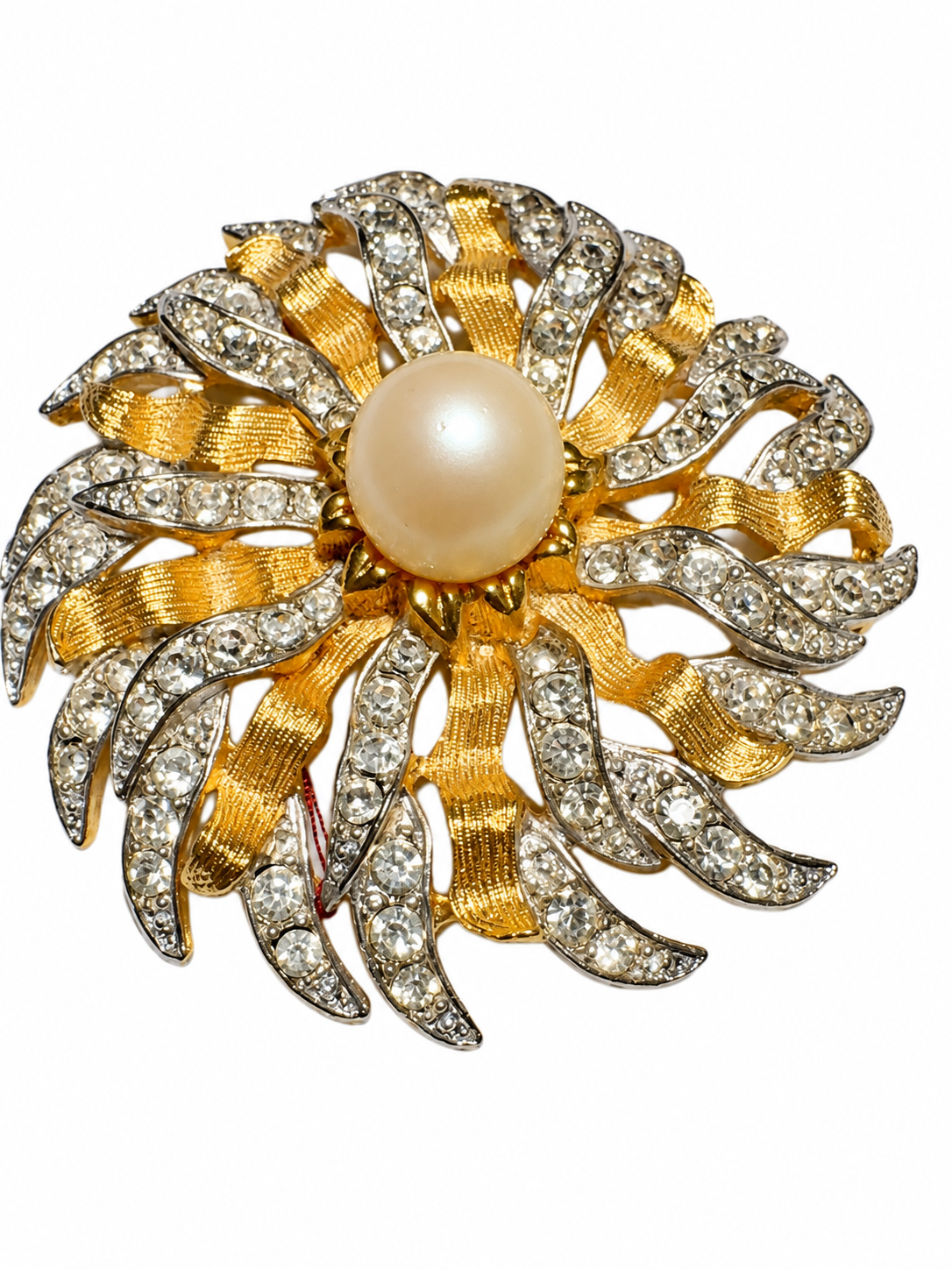 1970s signed KJL goldtone brooch with rhinestone and a pearl