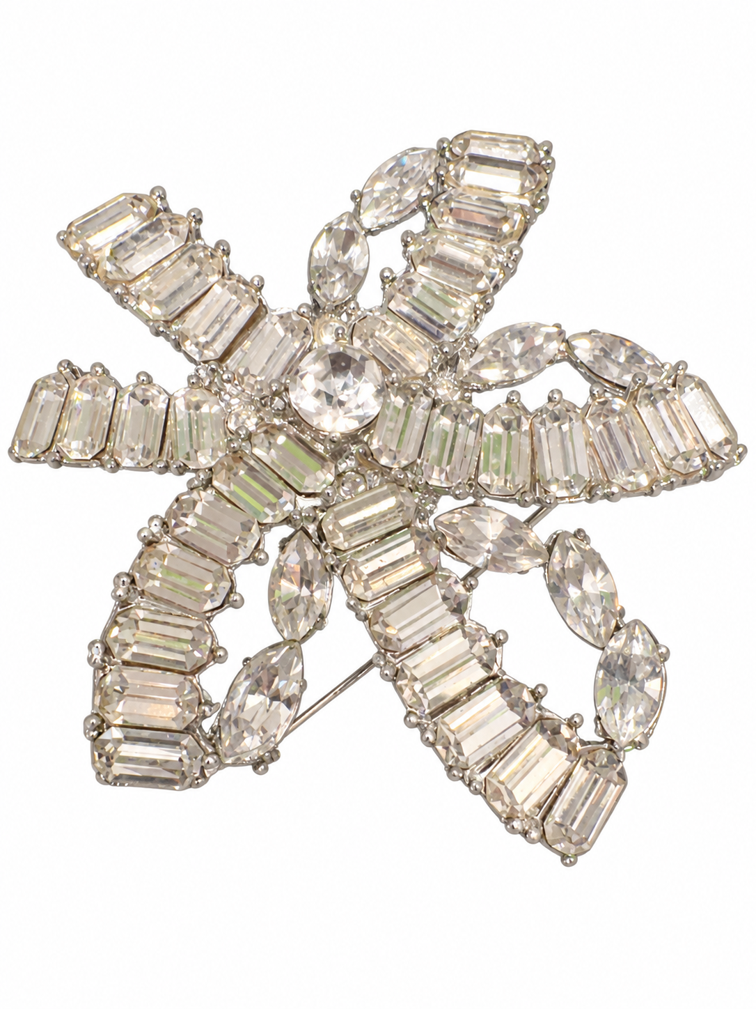 Clear rhinestone ribbon brooch with emerald-cut and navette stones in silver-tone prong settings