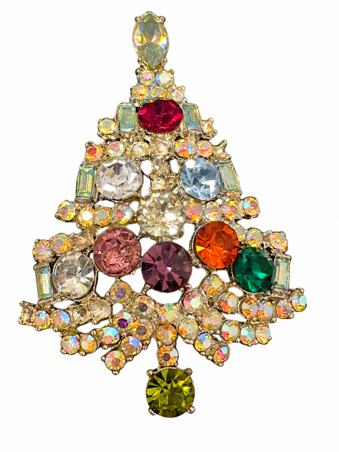 1970s rhinestone colorful Christmas tree brooch