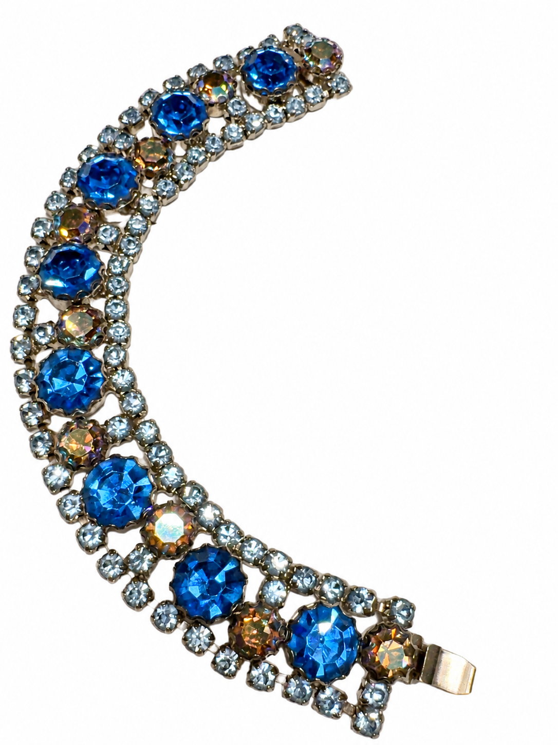 Beautiful 1950s blue and topaz colored rhinestone bracelet
