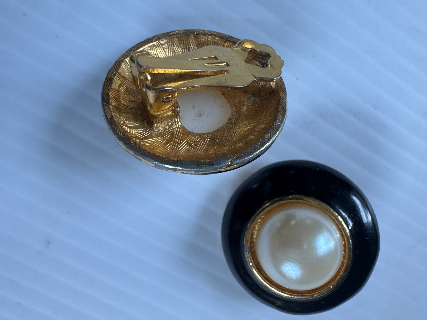 Vintage pearl and black enamel earrings