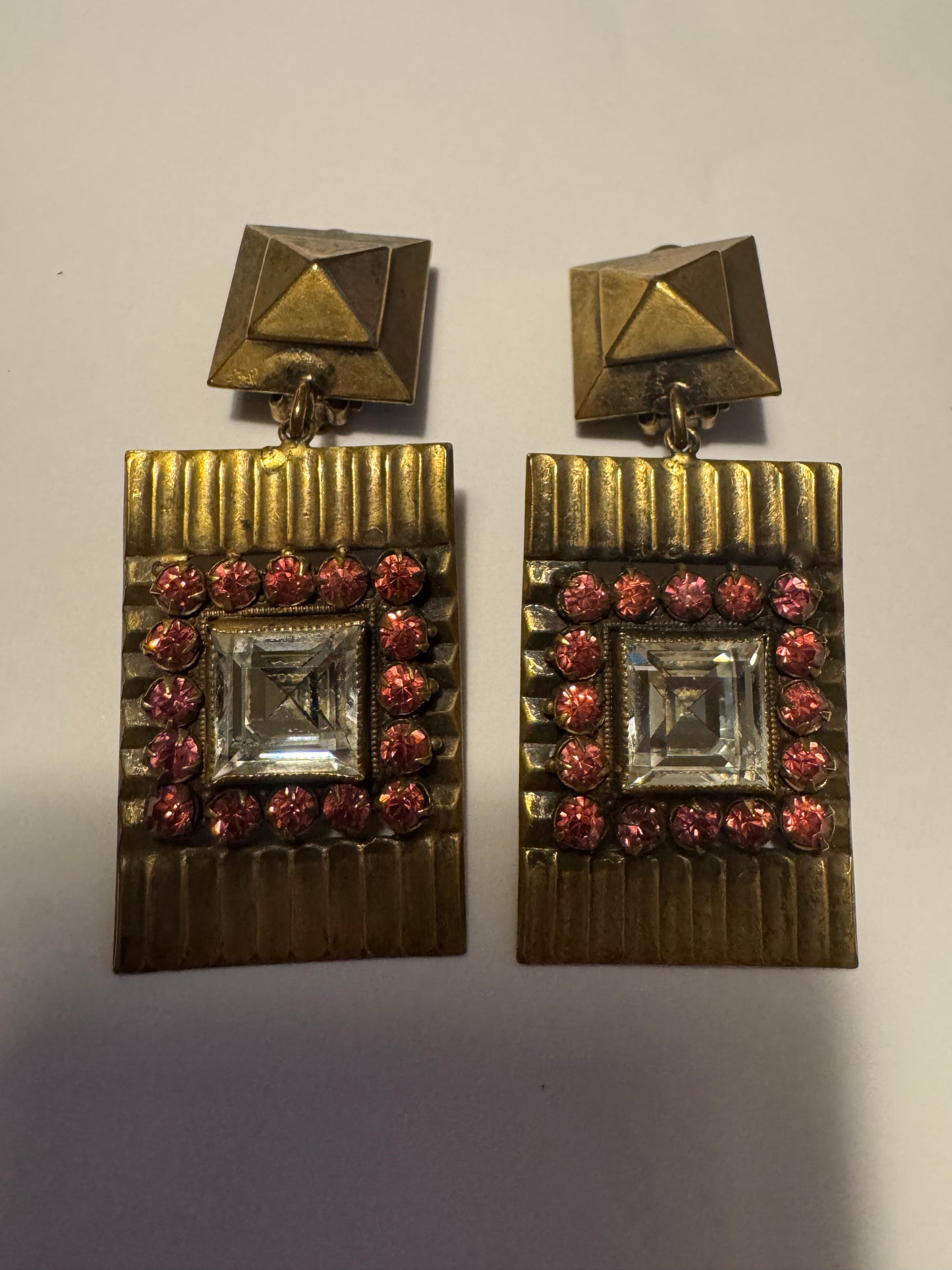 1940s dangle JOSEFF earrings with rhinestone and glass centerstone