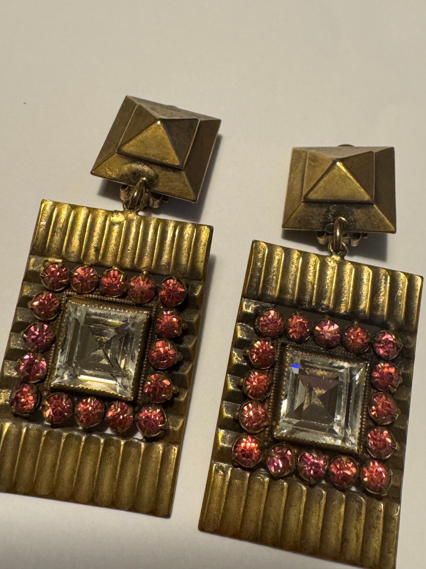 1940s dangle JOSEFF earrings with rhinestone and glass centerstone