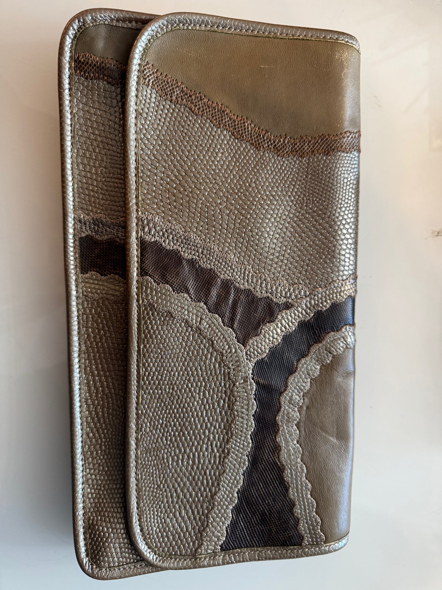 Vintage Carlos Falchi clutch in gray and bronze tones with optional Crossbody strap