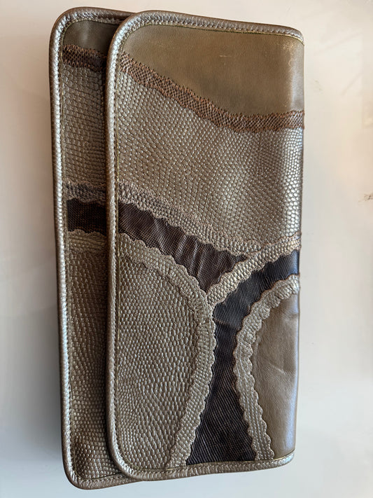 Vintage Carlos Falchi clutch in gray and bronze tones with optional Crossbody strap