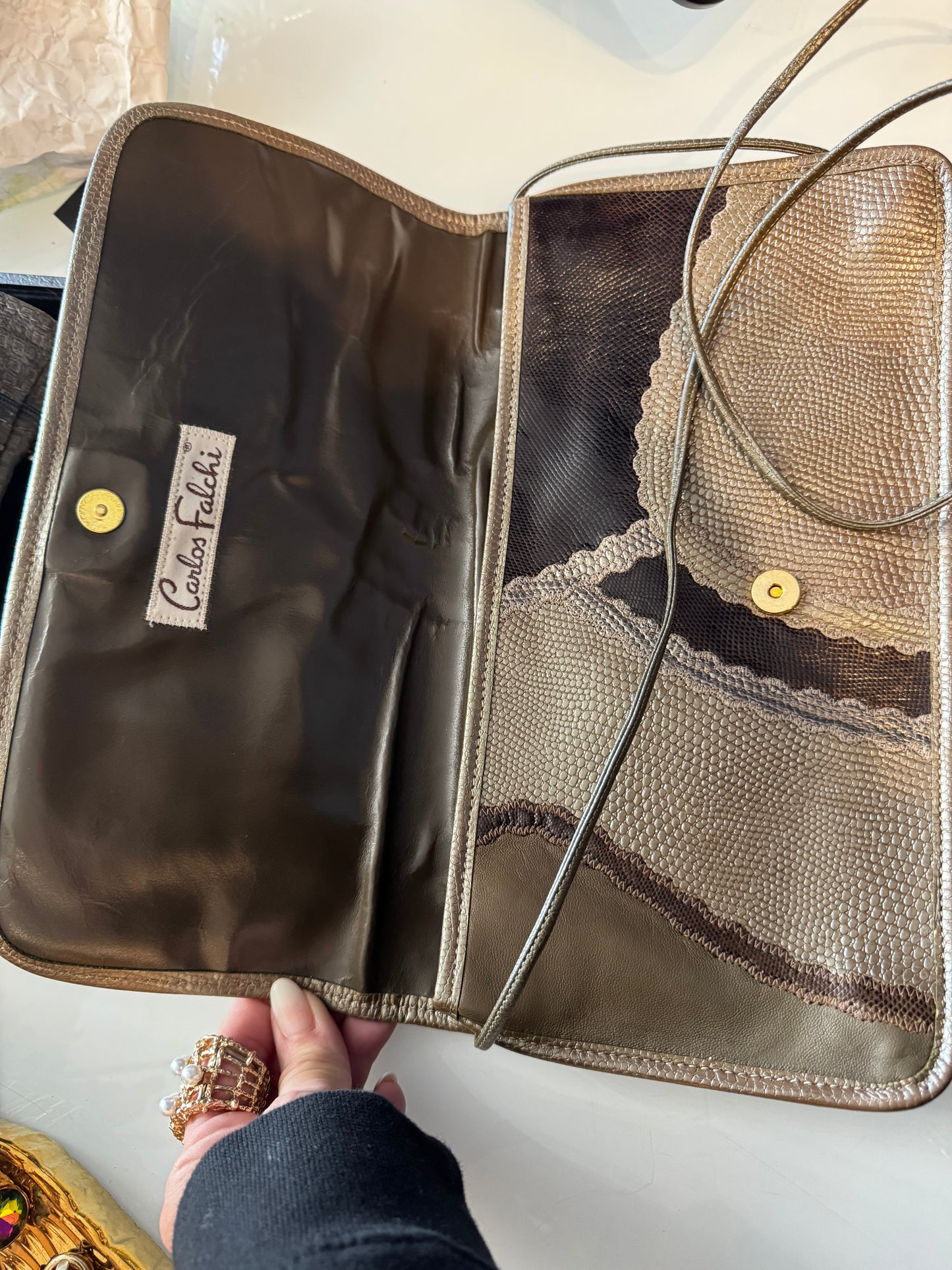 Vintage Carlos Falchi clutch in gray and bronze tones with optional Crossbody strap