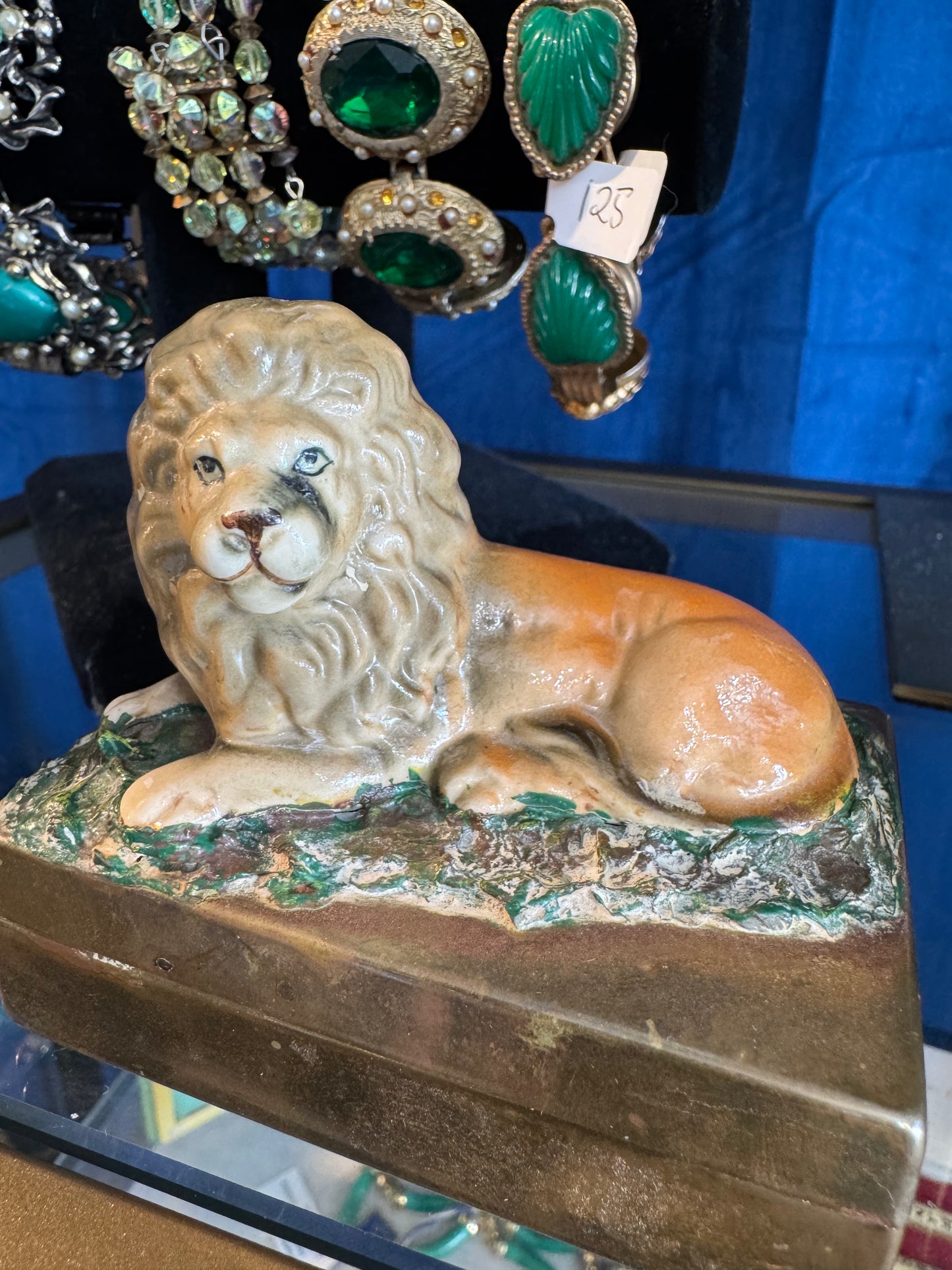 Beautiful mid-century tiger trinket box made out of ceramic and brass