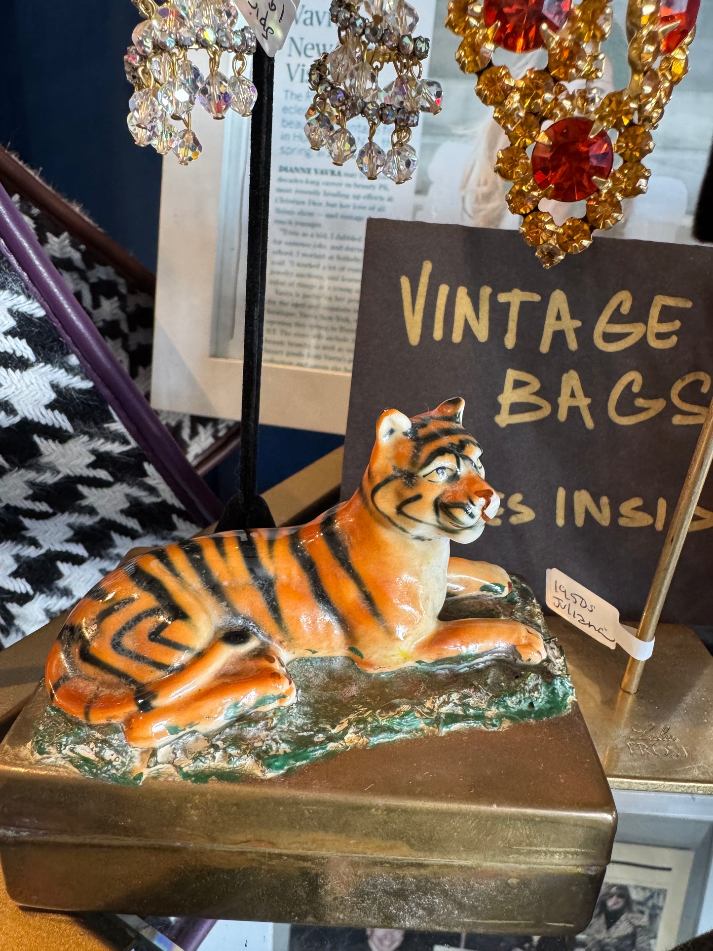Beautiful mid-century tiger, trinket box ceramic and brass