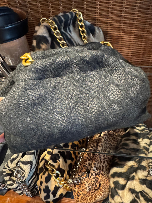 Limited edition, VAVRA New York, MINI fabric black brocade clutch with chain. For limited time comes with complementary brooch.