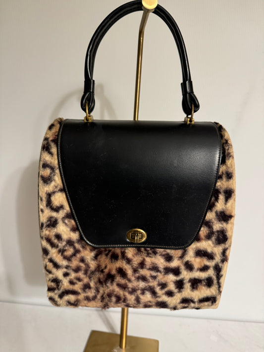 1950's faux leopard print bag with black leather