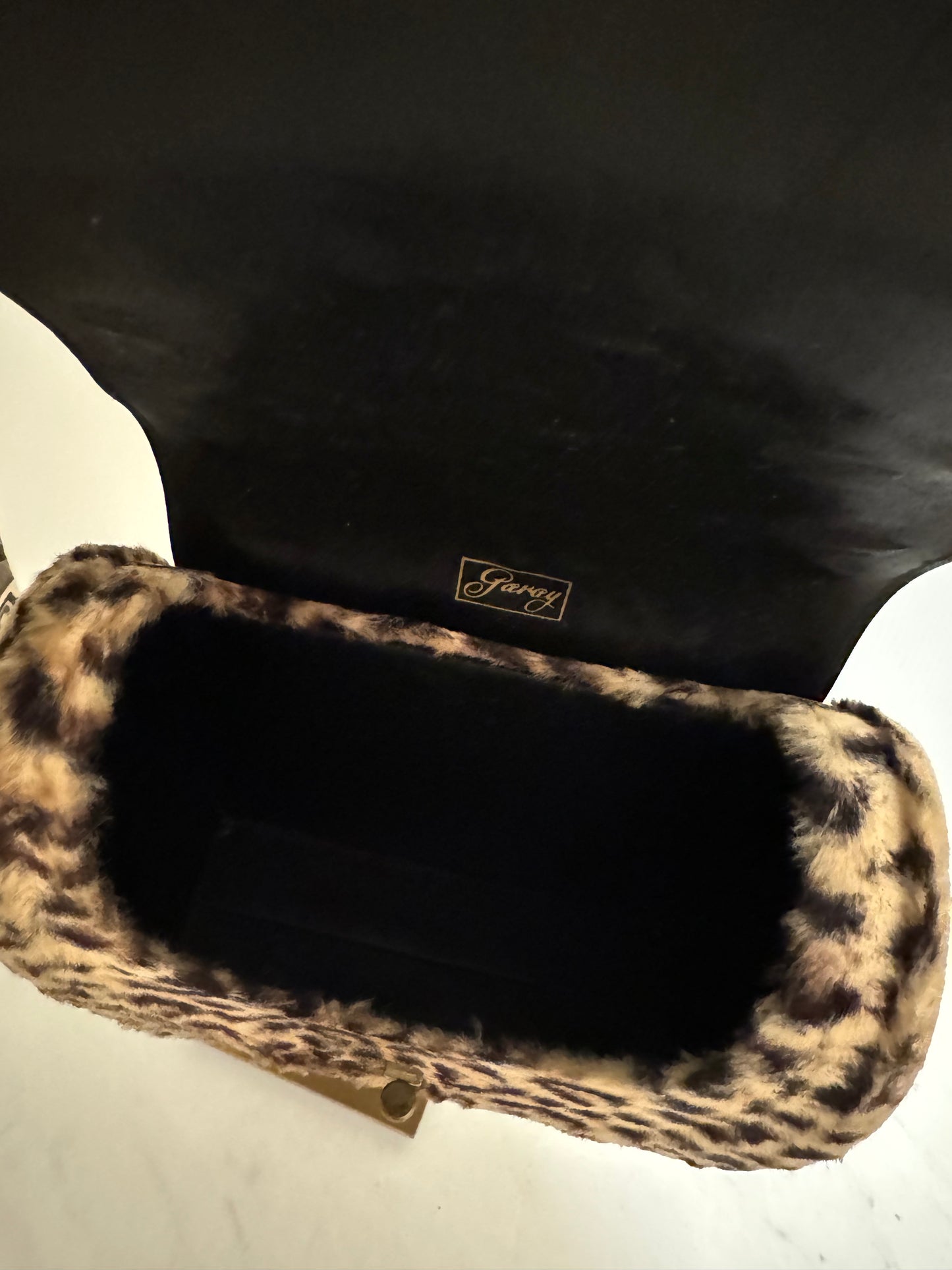 1950's faux leopard print bag with black leather