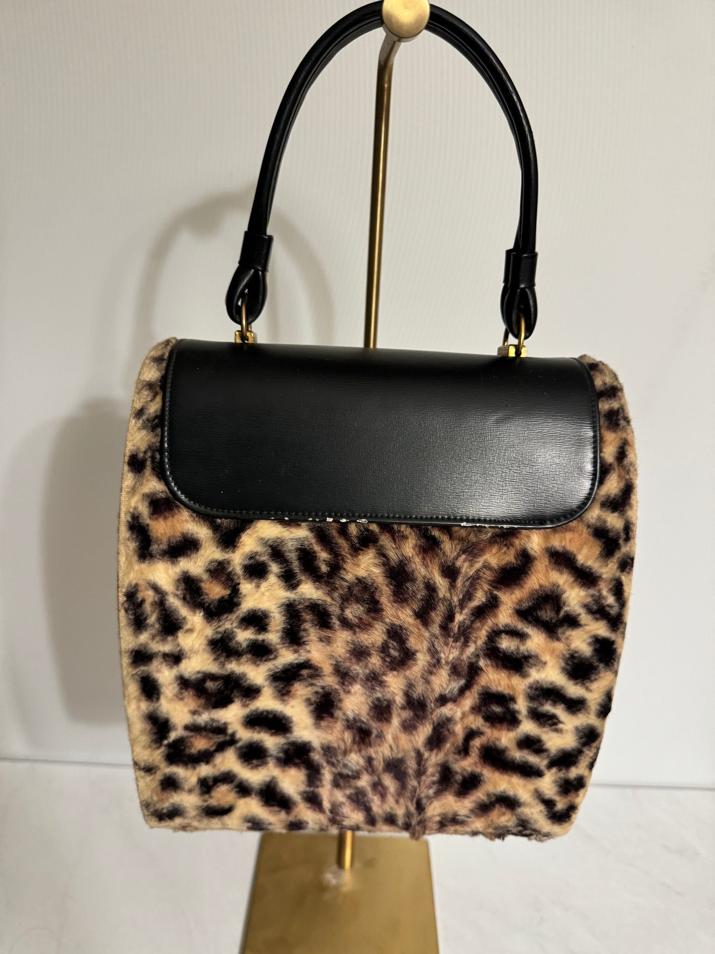 1950's faux leopard print bag with black leather