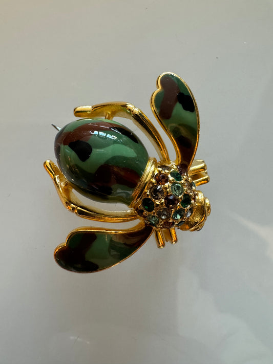 Vintage Joan Rivers bee pin in camouflage enamel and rhinestones