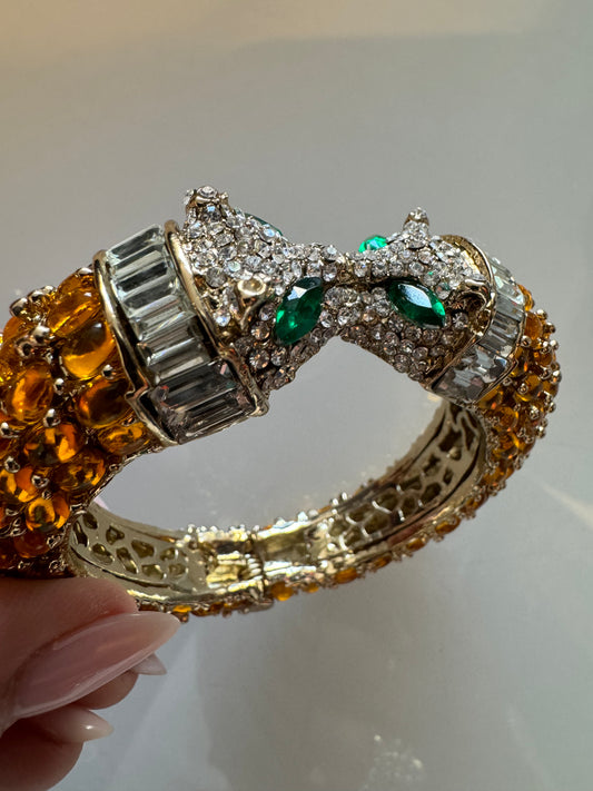 Retro clamper bracelet with amber stones and tiger face