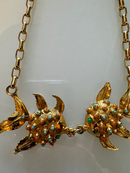 Vintage gold tone kissing fish necklace with colored stones