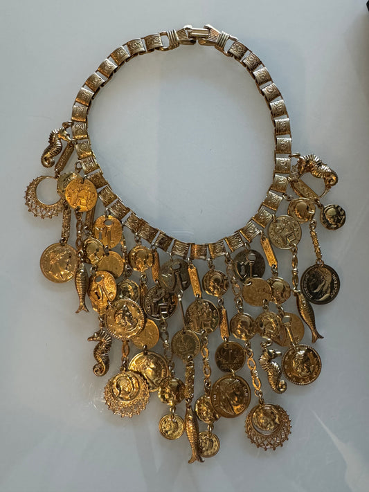 Vintage gold tone coin Bib necklace (with seahorse charms)