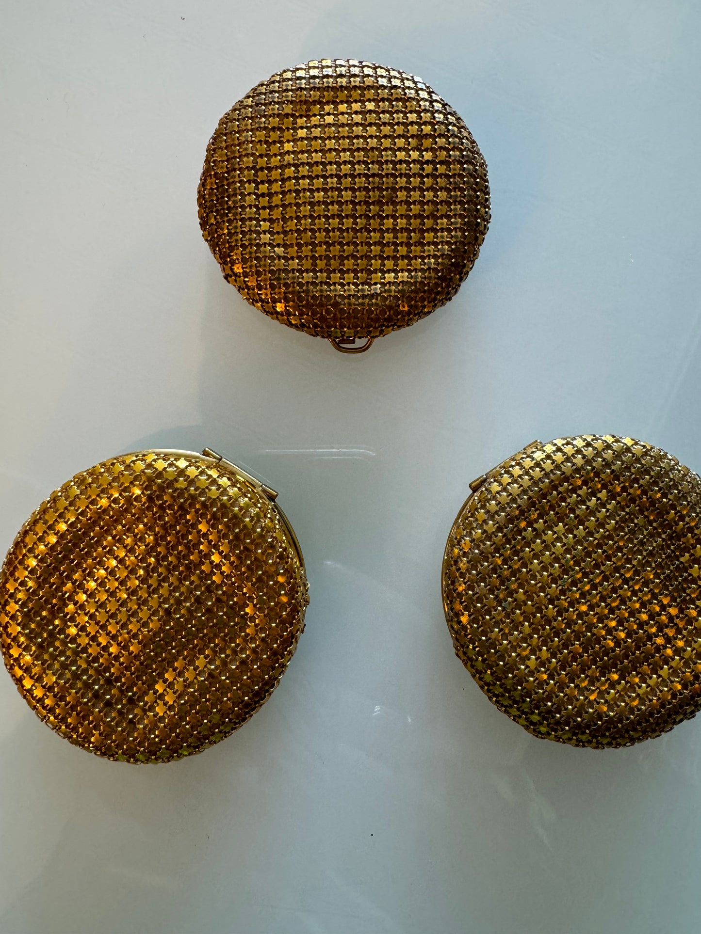 Vintage enamel and mesh power makeup compacts