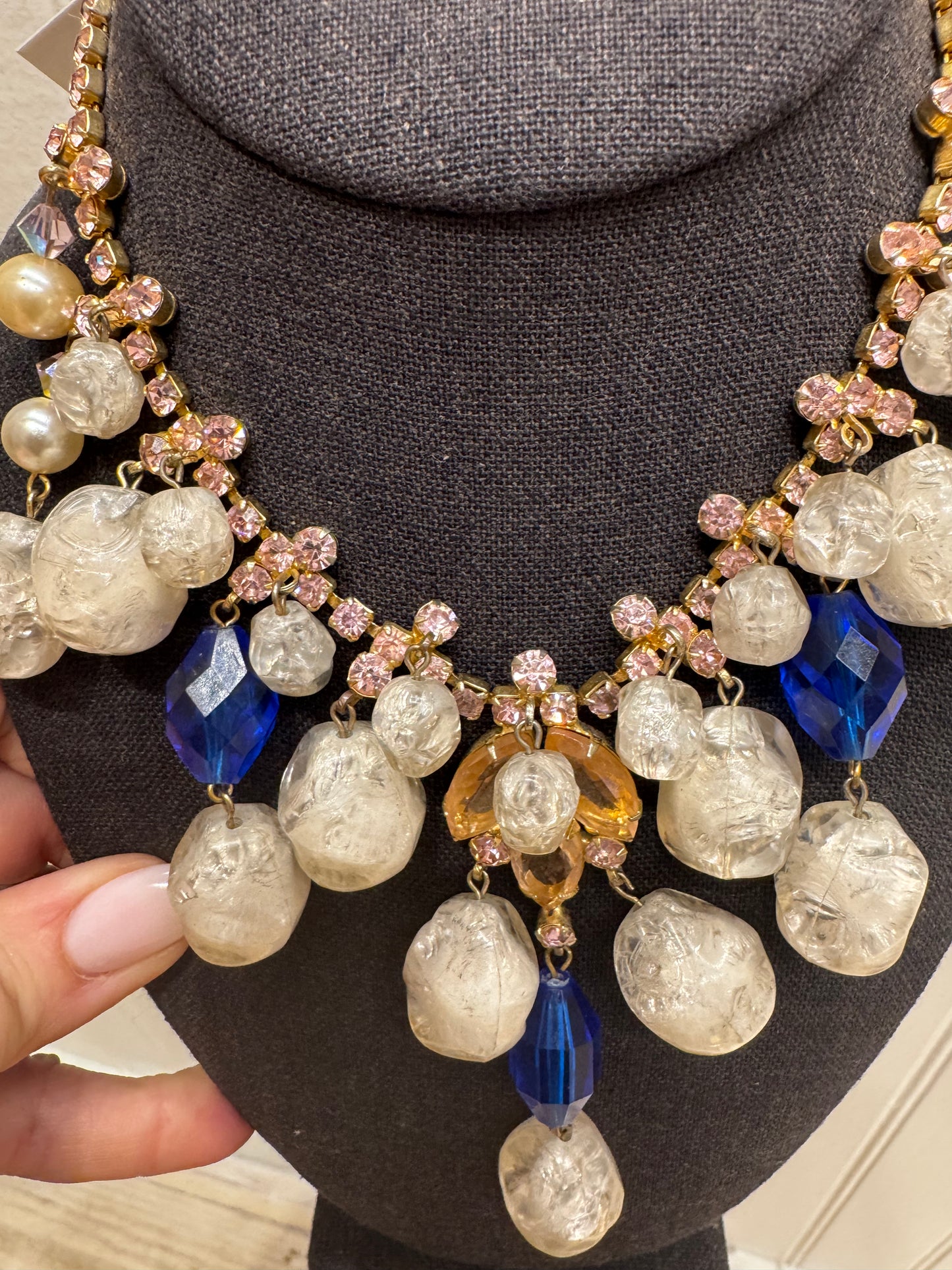 Beautiful 1960s one-of-a-kind pink rhinestone necklace with Blue and faux pearl dangles
