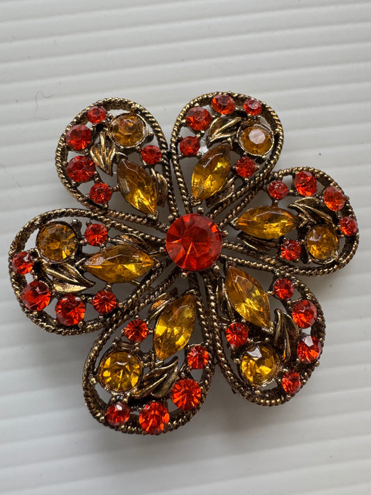 1960s stunning vintage signed Weiss amber colored an orange rhinestone brooch
