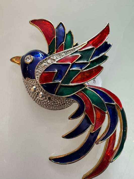 jumbo vintage bird flower brooch with enamel and rhinestones