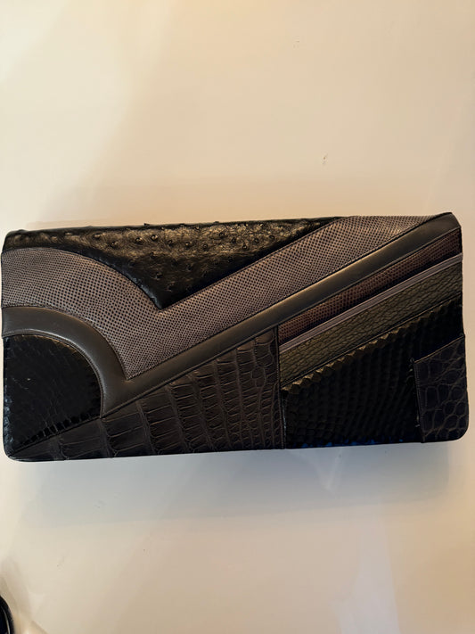 Jumbo grey and black tone Judith Leiber ostrich and leather clutch with coin purse (no strap)