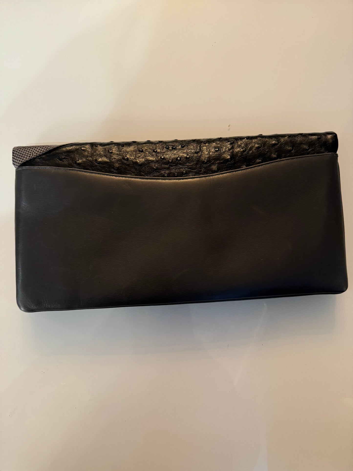 Jumbo grey and black tone Judith Leiber ostrich and leather clutch with coin purse (no strap)