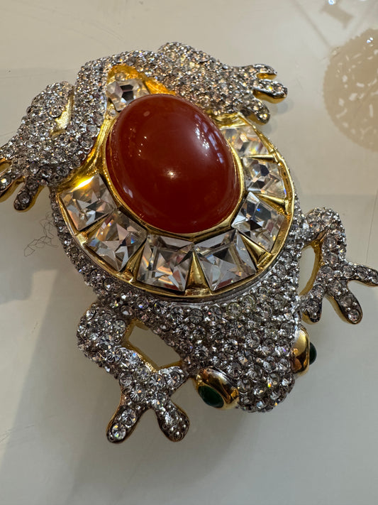 Vintage Valentino rhinestone frog brooch with cabachon