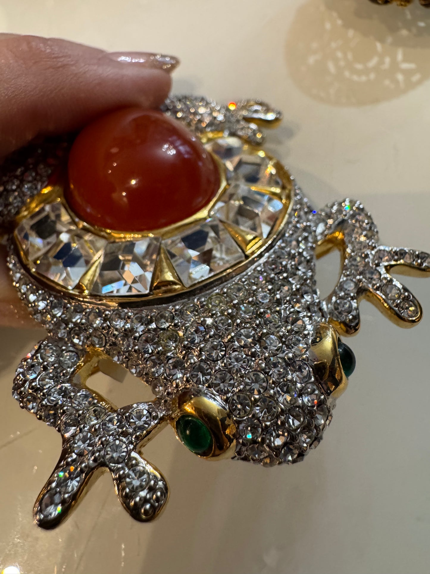 Vintage Valentino rhinestone frog brooch with cabachon