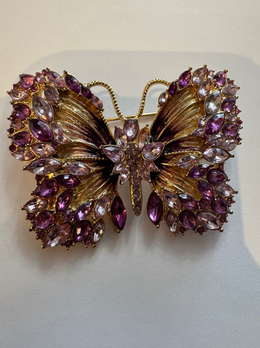 Vintage butterfly brooch with purple stones. 1990s.