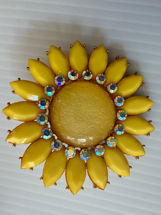 Beautiful sunshine yellow flower brooch with rhinestones