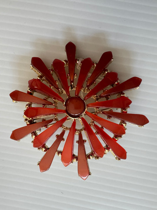 Vintage 1950s coral, moonstone and lucite flower brooch