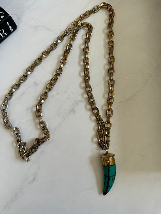 Vintage long brass with gold plating necklace with turquoise pendant